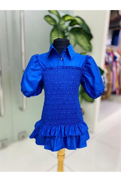 Kız Çocuk Balon Kollu Gipe Beden Fırfırlı Elbise Saks 2-4 Yaş