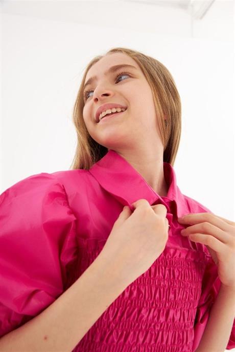 Kız Çocuk Balon Kollu Gipe Beden Fırfırlı Elbise Fuşya 10 Yaş