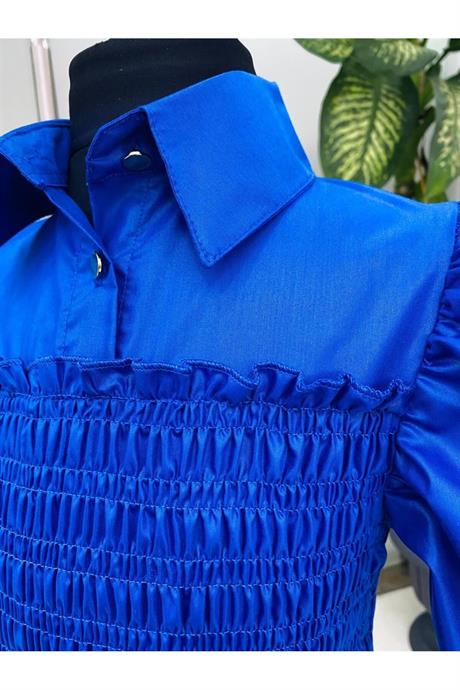 Kız Çocuk Balon Kollu Gipe Beden Fırfırlı Elbise Saks 10 Yaş