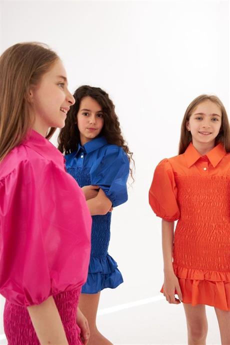 Kız Çocuk Balon Kollu Gipe Beden Fırfırlı Elbise Turuncu 8 Yaş