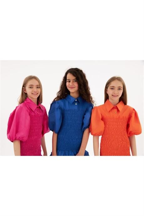 Kız Çocuk Balon Kollu Gipe Beden Fırfırlı Elbise Saks 6 Yaş