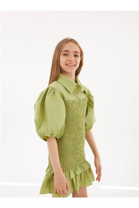 Kız Çocuk Balon Kollu Gipe Beden Fırfırlı Elbise Yeşil 2-4 Yaş