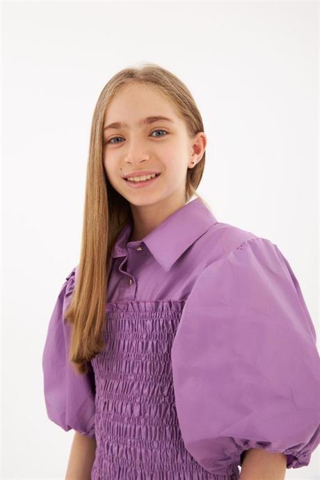 Kız Çocuk Balon Kollu Gipe Beden Fırfırlı Elbise Mor 8 Yaş