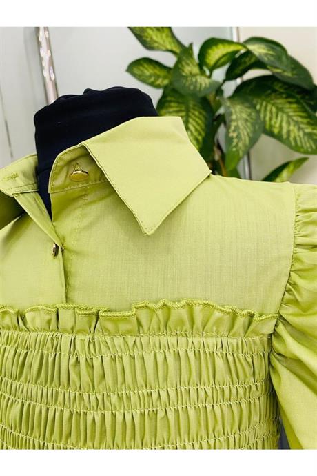 Kız Çocuk Balon Kollu Gipe Beden Fırfırlı Elbise Yeşil 12 Yaş