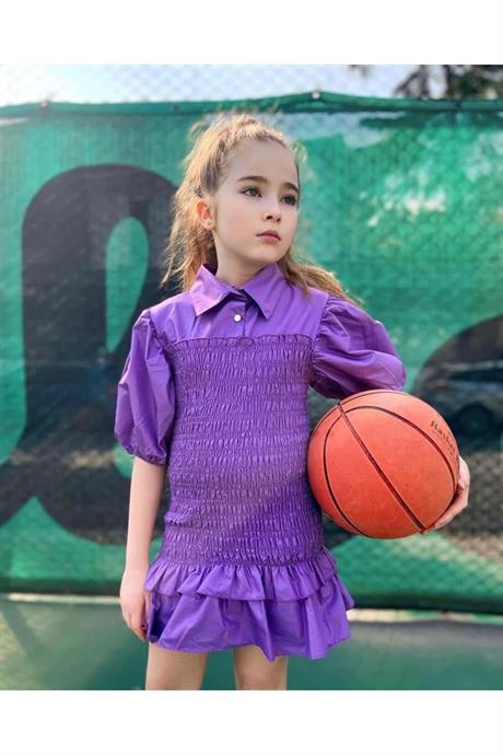 Kız Çocuk Balon Kollu Gipe Beden Fırfırlı Elbise Mor 10 Yaş