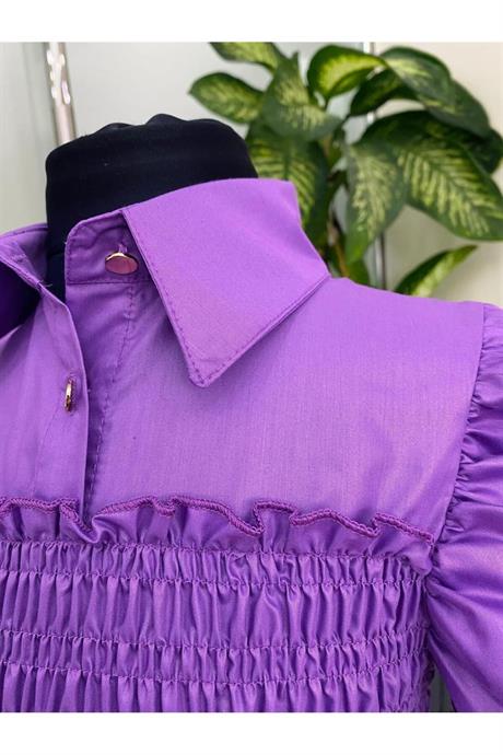 Kız Çocuk Balon Kollu Gipe Beden Fırfırlı Elbise Mor 8 Yaş