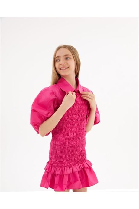Kız Çocuk Balon Kollu Gipe Beden Fırfırlı Elbise Fuşya 10 Yaş
