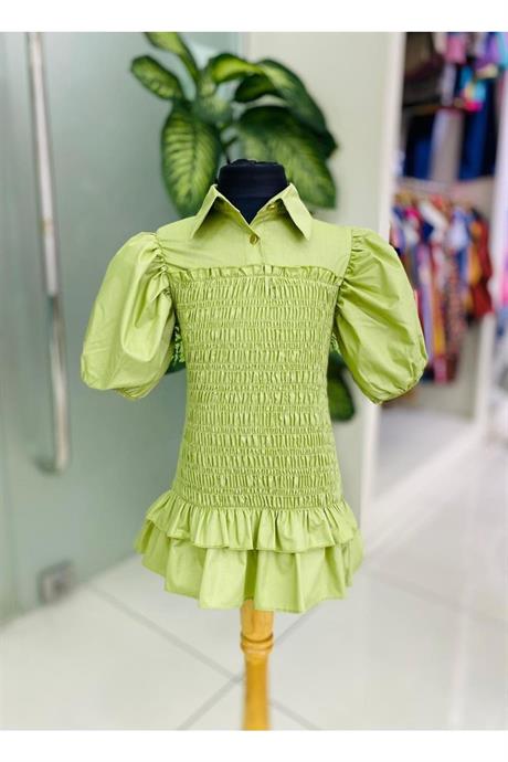 Kız Çocuk Balon Kollu Gipe Beden Fırfırlı Elbise Yeşil 2-4 Yaş