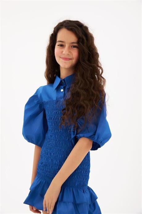 Kız Çocuk Balon Kollu Gipe Beden Fırfırlı Elbise Saks 10 Yaş