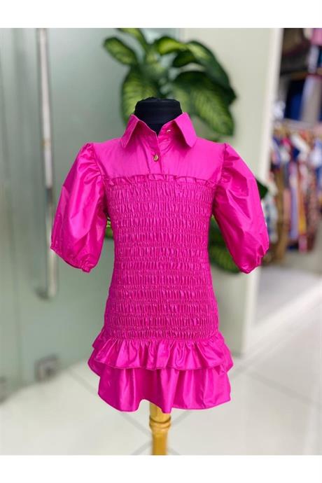 Kız Çocuk Balon Kollu Gipe Beden Fırfırlı Elbise Fuşya 6 Yaş