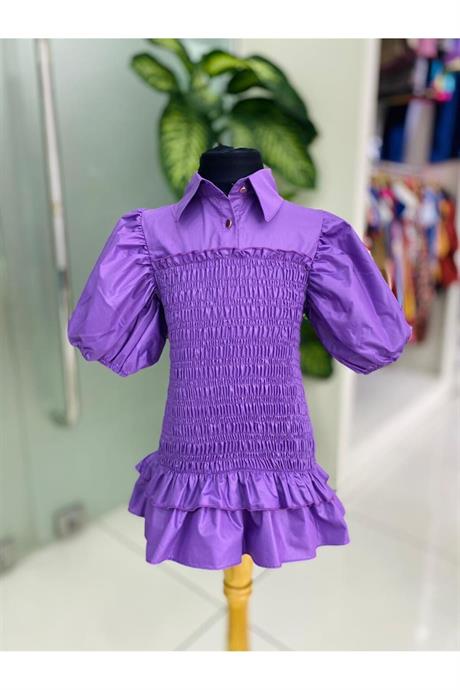 Kız Çocuk Balon Kollu Gipe Beden Fırfırlı Elbise Mor 10 Yaş