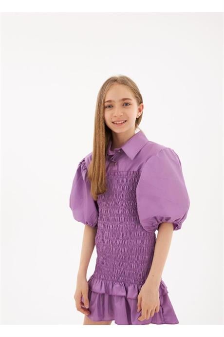 Kız Çocuk Balon Kollu Gipe Beden Fırfırlı Elbise Mor 6 Yaş