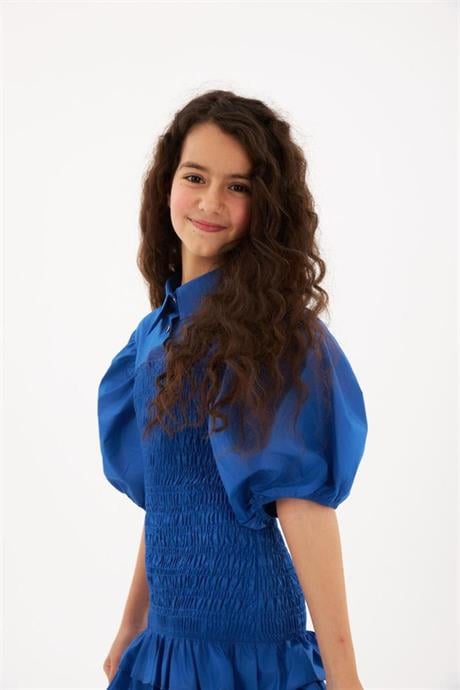 Kız Çocuk Balon Kollu Gipe Beden Fırfırlı Elbise Saks 4 Yaş