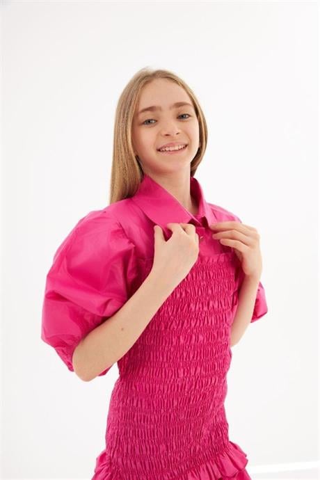 Kız Çocuk Balon Kollu Gipe Beden Fırfırlı Elbise Fuşya 8 Yaş