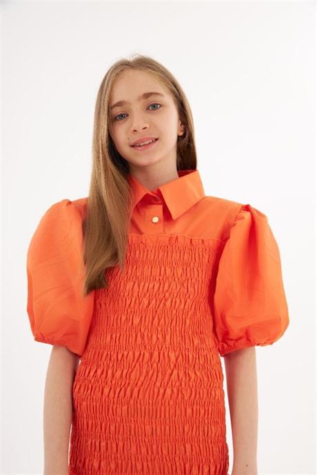 Kız Çocuk Balon Kollu Gipe Beden Fırfırlı Elbise Turuncu 8 Yaş