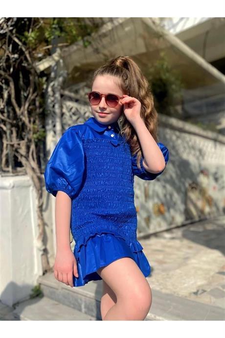 Kız Çocuk Balon Kollu Gipe Beden Fırfırlı Elbise Saks 4 Yaş