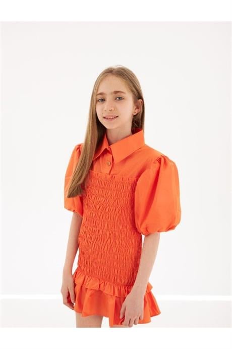 Kız Çocuk Balon Kollu Gipe Beden Fırfırlı Elbise Turuncu 4 Yaş