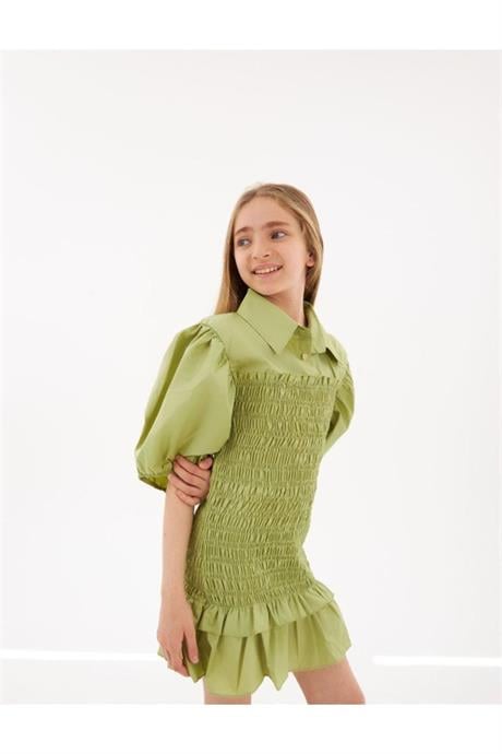 Kız Çocuk Balon Kollu Gipe Beden Fırfırlı Elbise Yeşil 4 Yaş