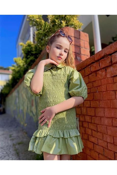 Kız Çocuk Balon Kollu Gipe Beden Fırfırlı Elbise Yeşil 4 Yaş
