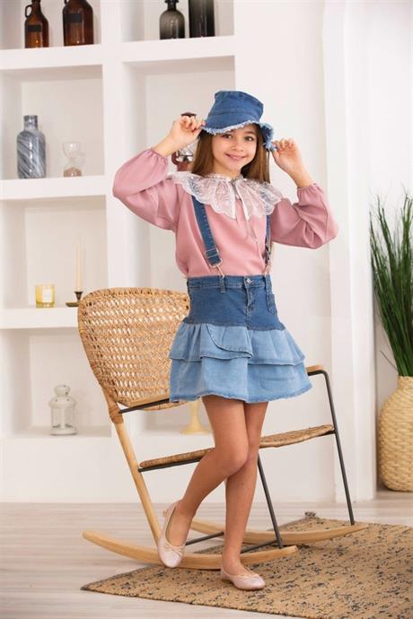 Kız Çocuk Beyaz Dantel Yakalı Renkli Bluz Fırfırlı Kot Salopet Etek Şapka 3'lü Takım Pudra 6 Yaş