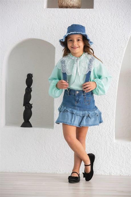 Kız Çocuk Beyaz Dantel Yakalı Renkli Bluz Fırfırlı Kot Salopet Etek Şapka 3'lü Takım Su Yeşili 12 Yaş