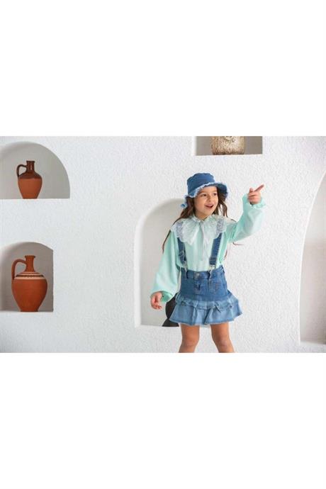 Kız Çocuk Beyaz Dantel Yakalı Renkli Bluz Fırfırlı Kot Salopet Etek Şapka 3'lü Takım Su Yeşili 10 Yaş