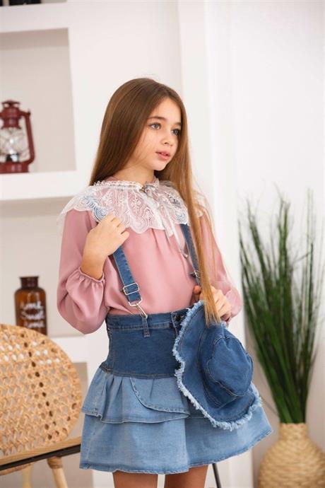 Kız Çocuk Beyaz Dantel Yakalı Renkli Bluz Fırfırlı Kot Salopet Etek Şapka 3'lü Takım Pudra 6 Yaş