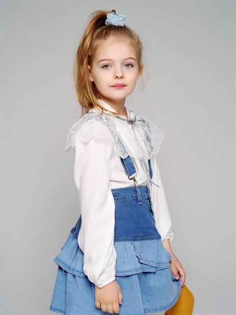 Kız Çocuk Beyaz Dantel Yakalı Renkli Bluz Fırfırlı Kot Etek Şapka 3'lü Takım Beyaz 4 Yaş