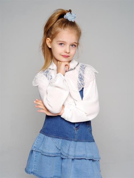 Kız Çocuk Beyaz Dantel Yakalı Renkli Bluz Fırfırlı Kot Etek Şapka 3'lü Takım Beyaz 12 Yaş