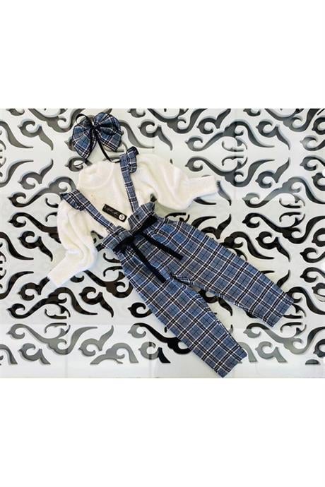 Kız Çocuk Beyaz Triko Kazak Salopet Pantolon Toka 3'lü Takım MAVİ 8 Yaş