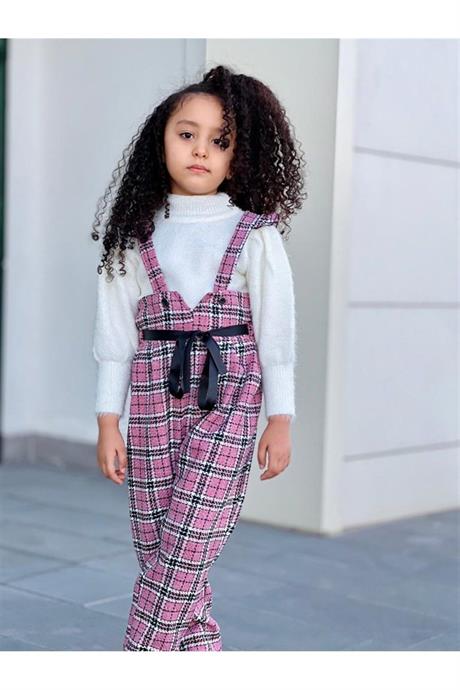 Kız Çocuk Beyaz Triko Kazak Salopet Pantolon Toka 3'lü Takım PEMBE 10 Yaş