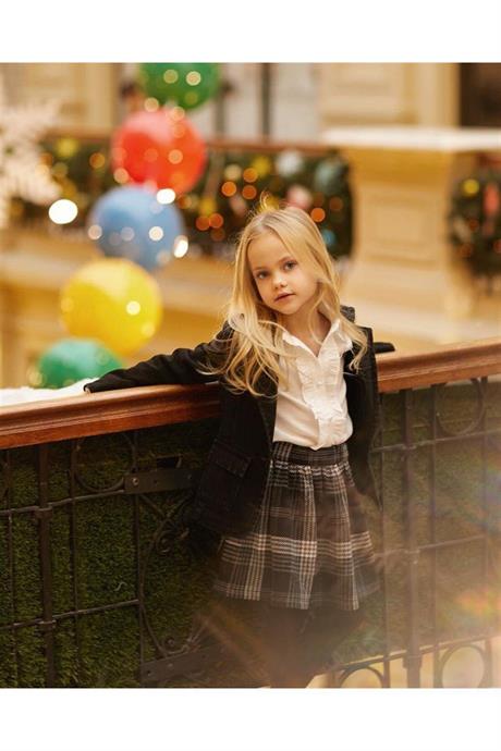 Kız Çocuk Blazer Kot Ceket Beyaz Gömlek Ekoseli Etek 3'lü Takım siyah 8 Yaş