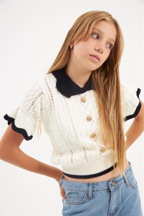 Kız Çocuk Kısa Kollu Düğmeli Triko Bluz Lacivert 10 Yaş