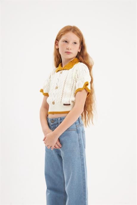 Kız Çocuk Kısa Kollu Düğmeli Triko Bluz Sarı 6 Yaş