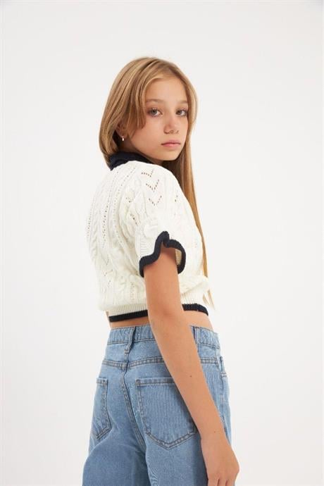 Kız Çocuk Kısa Kollu Düğmeli Triko Bluz Lacivert 12 Yaş