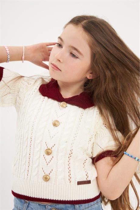 Kız Çocuk Kısa Kollu Düğmeli Triko Bluz Bordo 6 Yaş