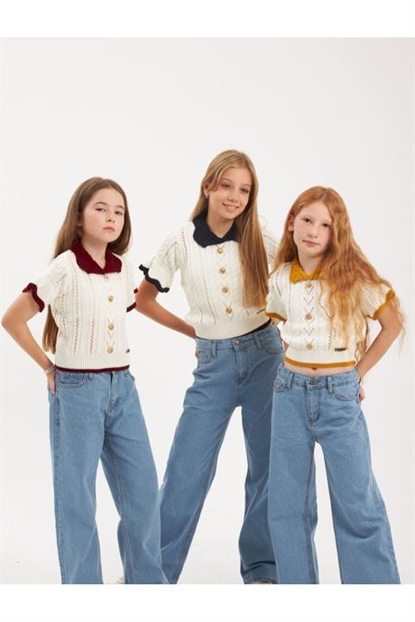 Kız Çocuk Kısa Kollu Düğmeli Triko Bluz Sarı 14 Yaş