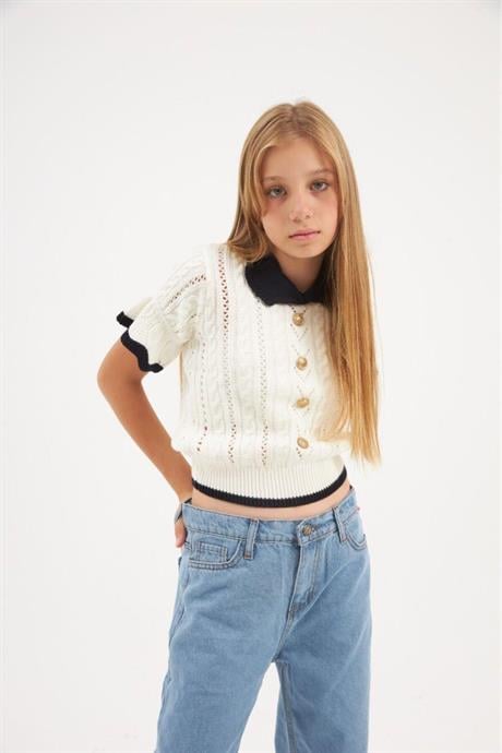 Kız Çocuk Kısa Kollu Düğmeli Triko Bluz Lacivert 6 Yaş