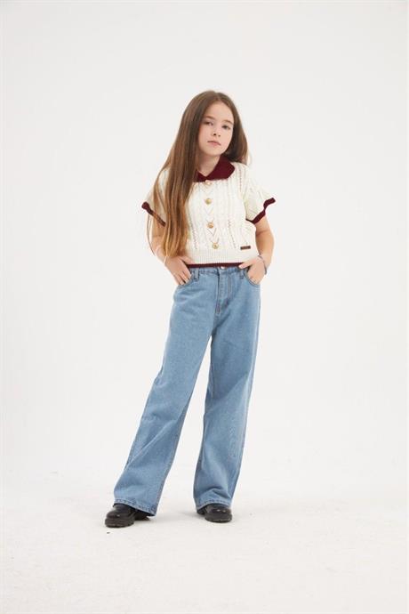 Kız Çocuk Kısa Kollu Düğmeli Triko Bluz Bordo 10 Yaş