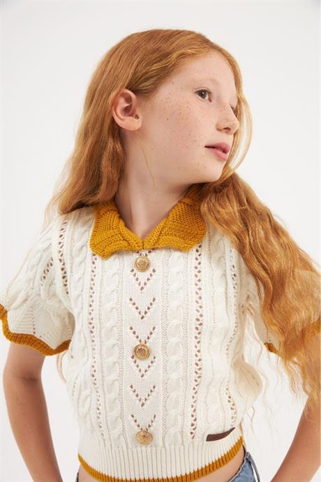 Kız Çocuk Kısa Kollu Düğmeli Triko Bluz Sarı 4 Yaş