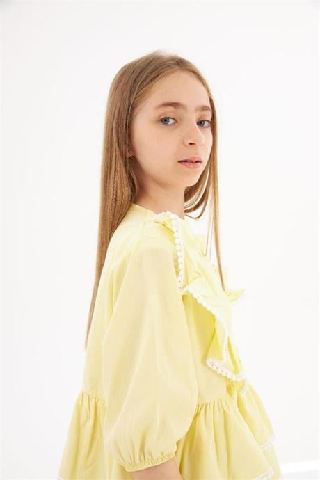 Kız Çocuk Brode Detaylı Kat Kat Gömlek Kot Tayt 2'li Takım Sarı 4 Yaş