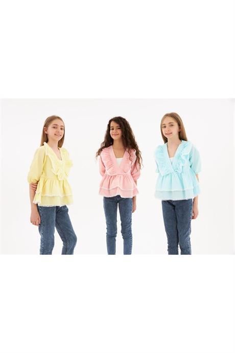 Kız Çocuk Brode Detaylı Kat Kat Gömlek Kot Tayt 2'li Takım Mavi 4 Yaş