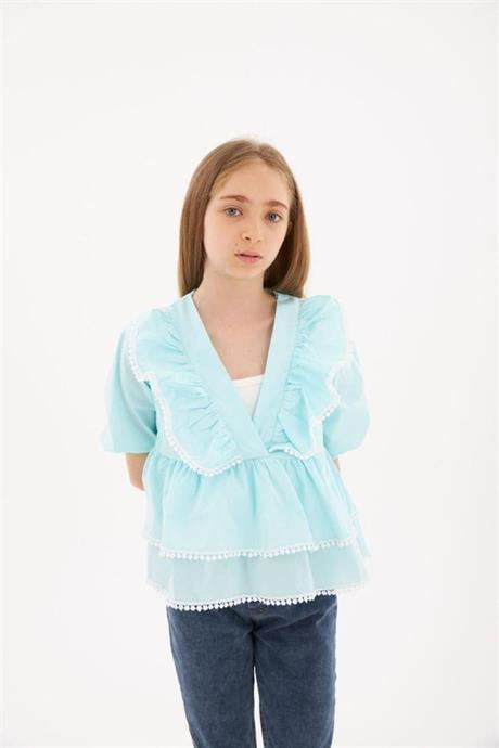 Kız Çocuk Brode Detaylı Kat Kat Gömlek Kot Tayt 2'li Takım Mavi 10 Yaş