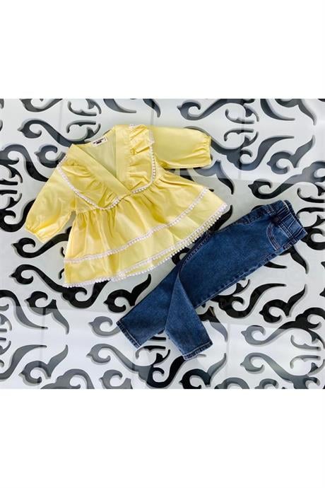 Kız Çocuk Brode Detaylı Kat Kat Gömlek Kot Tayt 2'li Takım Sarı 4 Yaş