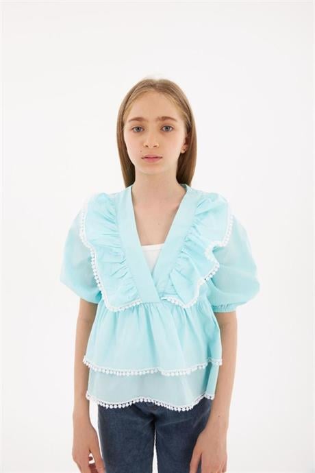 Kız Çocuk Brode Detaylı Kat Kat Gömlek Kot Tayt 2'li Takım Mavi 6 Yaş