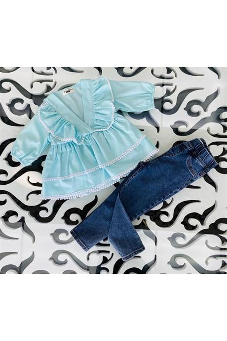 Kız Çocuk Brode Detaylı Kat Kat Gömlek Kot Tayt 2'li Takım Mavi 12 Yaş