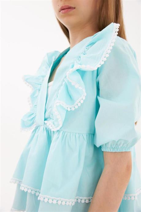 Kız Çocuk Brode Detaylı Kat Kat Gömlek Kot Tayt 2'li Takım Mavi 10 Yaş