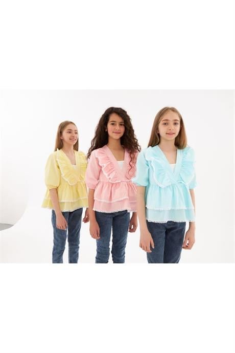 Kız Çocuk Brode Detaylı Kat Kat Gömlek Kot Tayt 2'li Takım Pembe 10 Yaş