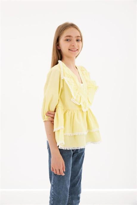 Kız Çocuk Brode Detaylı Kat Kat Gömlek Kot Tayt 2'li Takım Sarı 6 Yaş