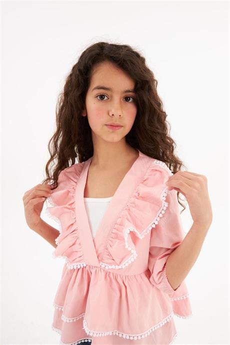 Kız Çocuk Brode Detaylı Kat Kat Gömlek Kot Tayt 2'li Takım Pembe 4 Yaş